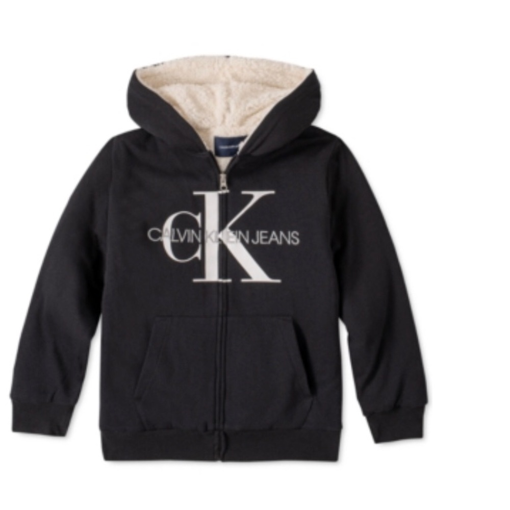Calvin Klein Jeans Big Boys Black Fleece-Lined Full-Zip Logo Hoodie size medium